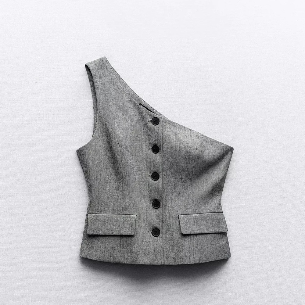 Brand New Zara Gray One-Shoulder Button Down Top